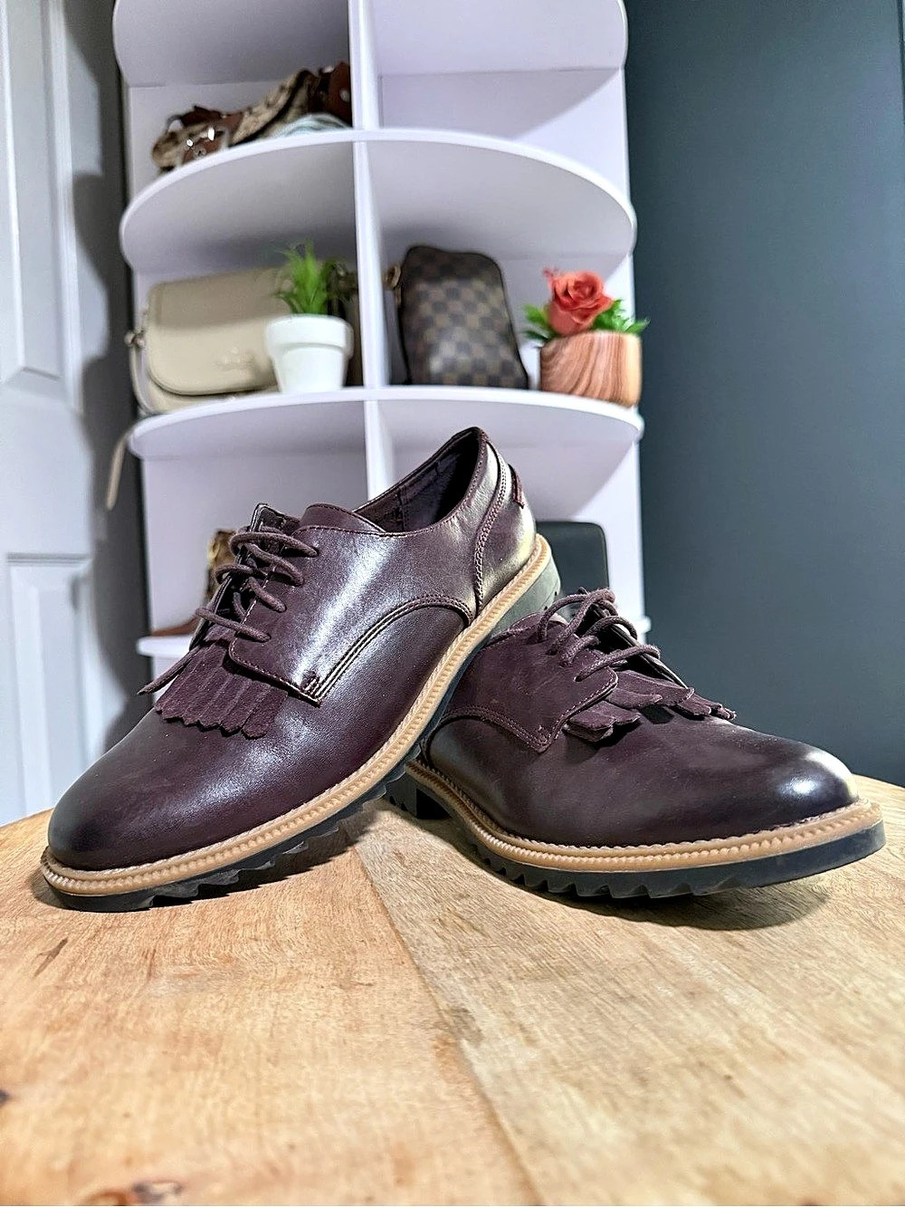 Clarks Griffin Mabel Fringe Leather Oxfords Burgundy US 7 M Like New